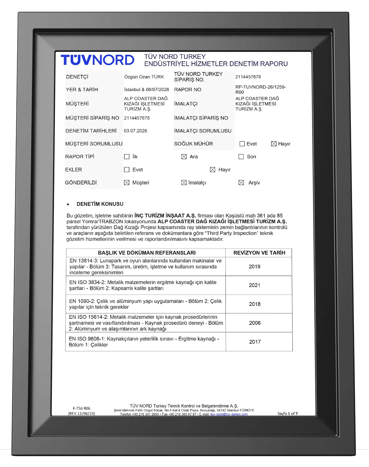 TÜV NORD Turkey endüstriyel hizmetler denetim raporu (Third Party Inspection) - Alp Coaster dağ kızağı projesi